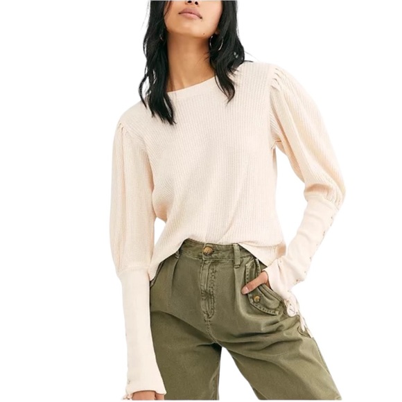 Free People FP One Tasha Thermal Top Tie Sleeve Women’s Size Small Ivory - Picture 14 of 15